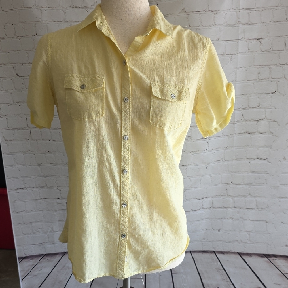 Eddie Bauer 100% Linen Yellow Short Sleeve Button Up Blouse Shaped Fit M‎